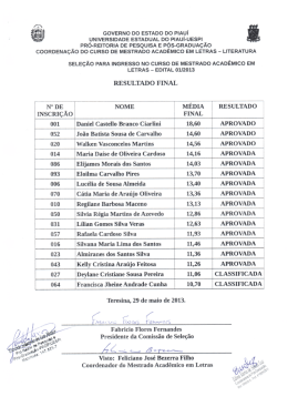 Resultado Final Mestrado Acadêmico em Letras