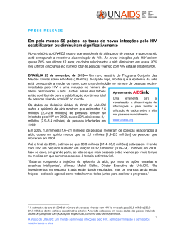 Em pelo menos 56 pa&iacute;ses, as taxas de novas infec&ccedil;&otilde;es pelo HIV