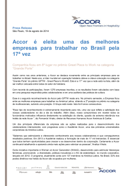 Accor é eleita uma das melhores empresas para trabalhar no Brasil