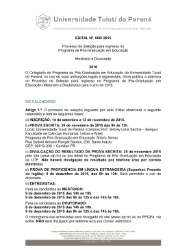 EDITAL N&ordm;. 008/ 2015 Processo de Sele&ccedil;&atilde;o para Ingresso no