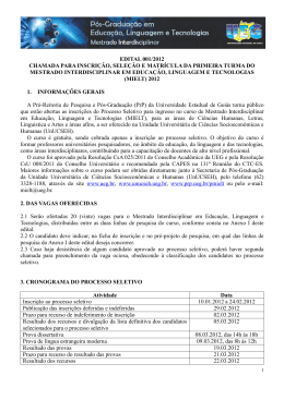 EDITAL 001/2012 CHAMADA PARA INSCRI&Ccedil;&Atilde;O, SELE&Ccedil;&Atilde;O