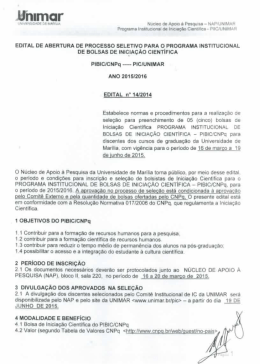 Edital Bolsa de Iniciação Científica PIBIC/CNPq para 2015