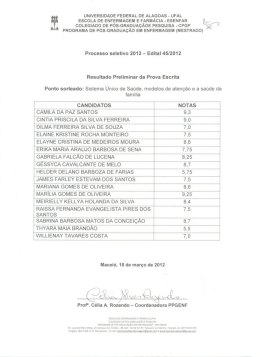 Resultado Preliminar da Prova Escrita 001