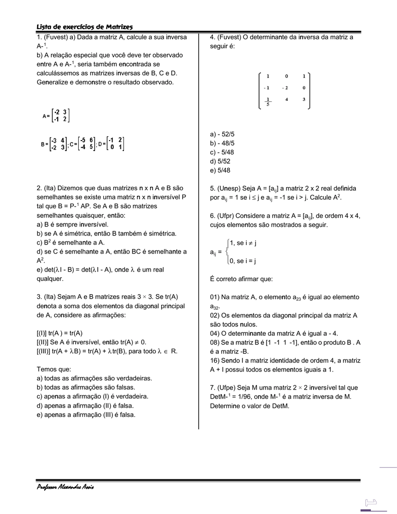 Lista De Exercicios De Matrizes