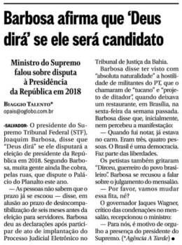 Barbosa aﬁrma que `Deus dirá` se ele será candidato