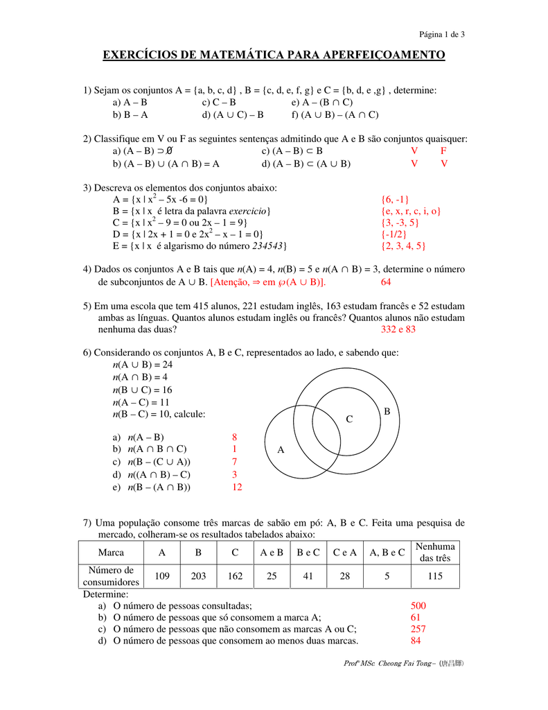 Exercecios De Matemetica Para Aperfeicoamento