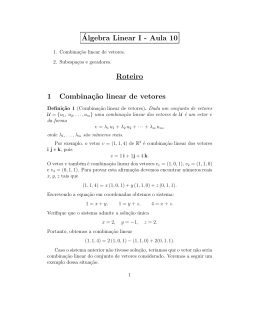 &acute;Algebra Linear I - Aula 10 Roteiro 1 Combina&ccedil;&tilde;ao linear de vetores