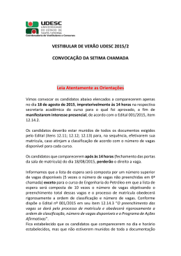 7&ordf; CHAMADA - Matr&iacute;cula dia 18 de agosto de 2015