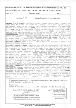 SC CERTID&Atilde;O DE INTEIRO TEOR DA MATR&Iacute;CULA N&deg;497 Livro n&deg; 2