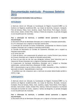 Documenta&ccedil;&atilde;o matr&iacute;cula - Processo Seletivo 2015