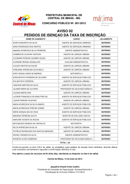 AVISO 02 PEDIDOS DE ISENÇAO DA TAXA DE INSCRIÇÃO