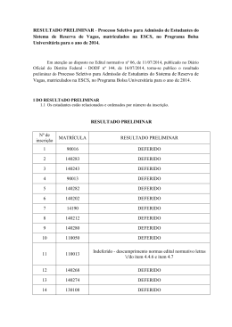 RESULTADO PRELIMINAR - Processo Seletivo para Admiss&atilde;o de
