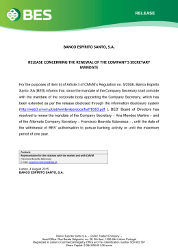 Banco Espírito Santo, S.A. informs about the renewal of the
