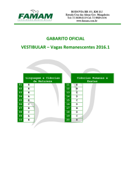 GABARITO OFICIAL VESTIBULAR &ndash; Vagas Remanescentes 2016.1