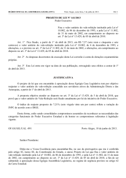 PROJETO DE LEI Nº 141/2013 Poder Executivo Fixa o valor unitário