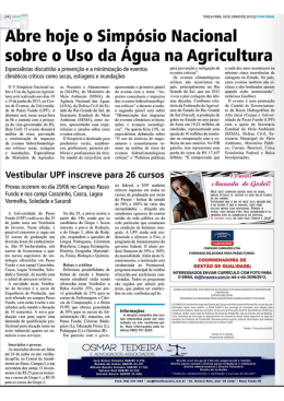 Abre hoje o Simp&oacute;sio Nacional sobre o Uso da &Aacute;gua na Agricultura