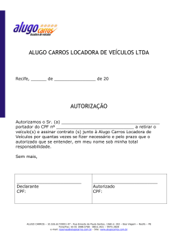 ALUGO CARROS LOCADORA DE VE&Iacute;CULOS LTDA AUTORIZA&Ccedil;&Atilde;O