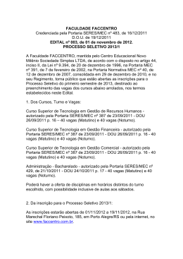 FACULDADE FACCENTRO Credenciada pela Portaria SERES